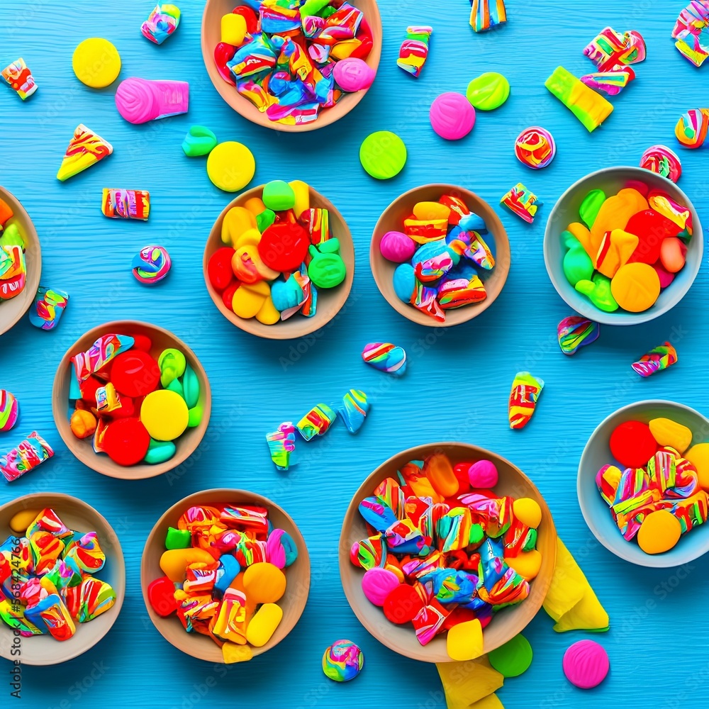 Overhead view of colorful set of different kids sweets and treats in bowls on light blue wooden background - generative ai