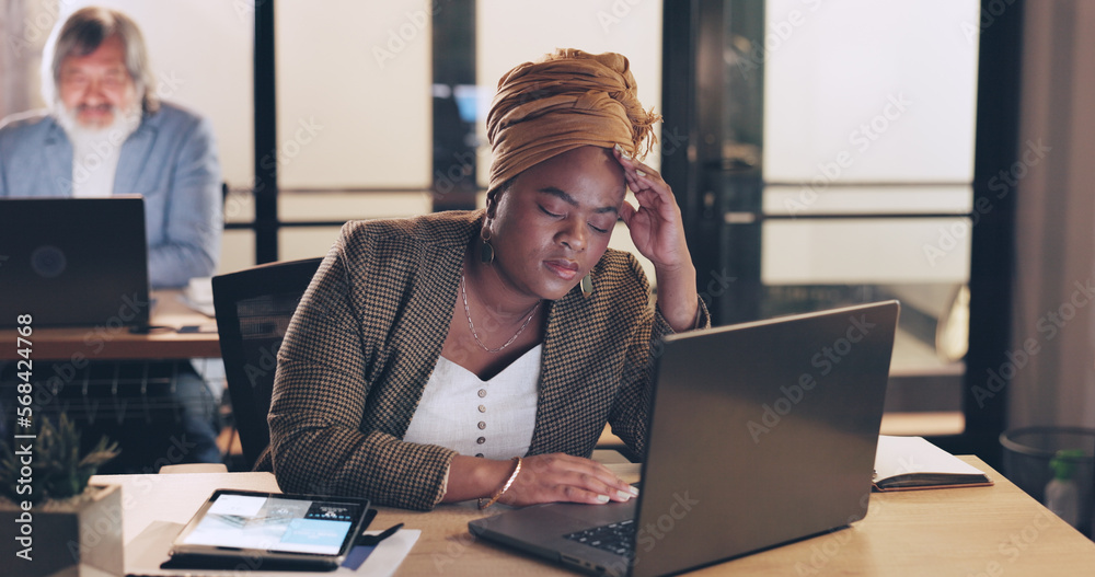 Overwork Depression Business, stress and black woman in office, night and overworked ...