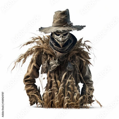 Detailed illustration of a scary creepy scarecrow in a corn field isolated on a Fototapet