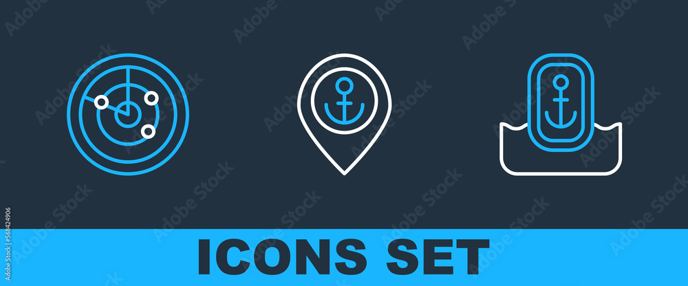 Set line Location with anchor, Radar targets and icon. Vector Set line Location with anchor, Radar targets and icon. Vector