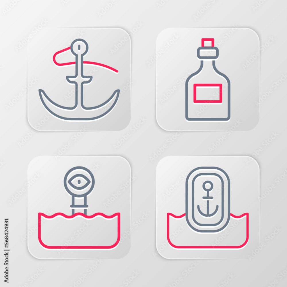 Set line Location with anchor, Periscope, Rum bottle and Anchor icon. Vector Set line Location with anchor, Periscope, Rum bottle and Anchor icon. Vector