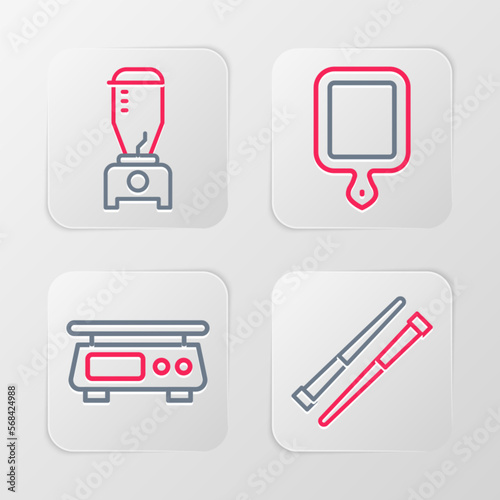 Set line Food chopsticks, Electronic scales, Cutting board and Blender icon. Vector