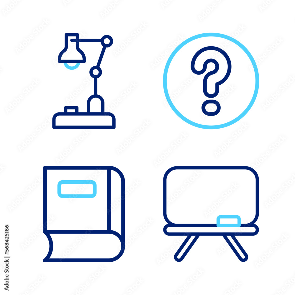Set line Chalkboard, Book, Speech bubbles with Question and Table lamp icon. Vector Set line Chalkboard, Book, Speech bubbles with Question and Table lamp icon. Vector