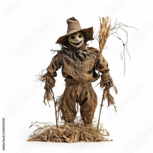 Fotografia Detailed illustration of a scary creepy scarecrow in a corn field isolated on a