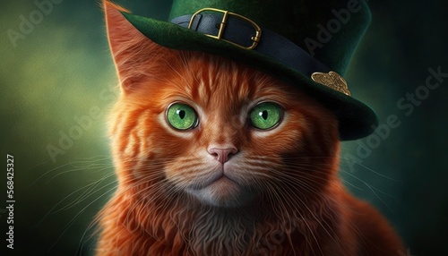 St Patricks' red cat with green hat, generative ai