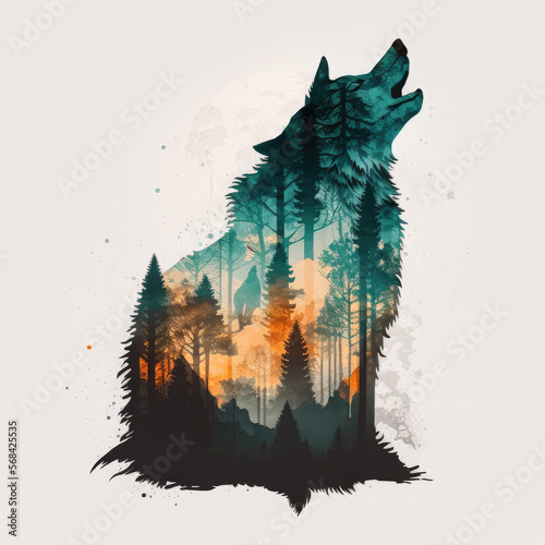 Double exposure howling wolf and a forest. Generative AI illustration.