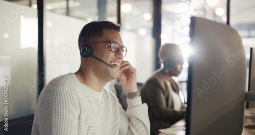 Photos Contact us, crm or happy consultant in call center talking, communication or helping with inbound marketing