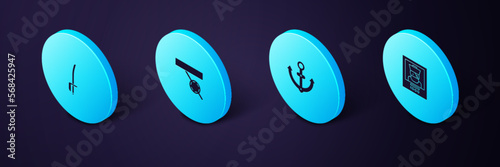 Set Isometric Wanted poster pirate, Anchor, Pirate eye patch and sword icon. Vector