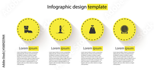 Set Leather pirate boots, Lighthouse, Pirate sack and Wooden barrel. Business infographic template. Vector