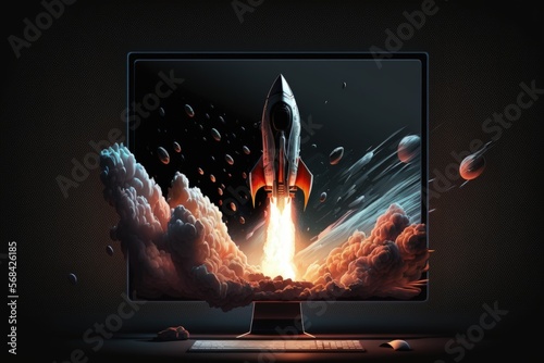 Rocket on computer monitor screen, startup concept, black background. Generative AI