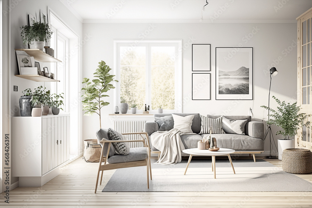 Fototapeta premium Large bright living room in minimal style - AI generative