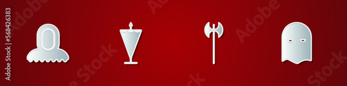 Set Medieval hood, flag, axe and Executioner mask icon. Vector