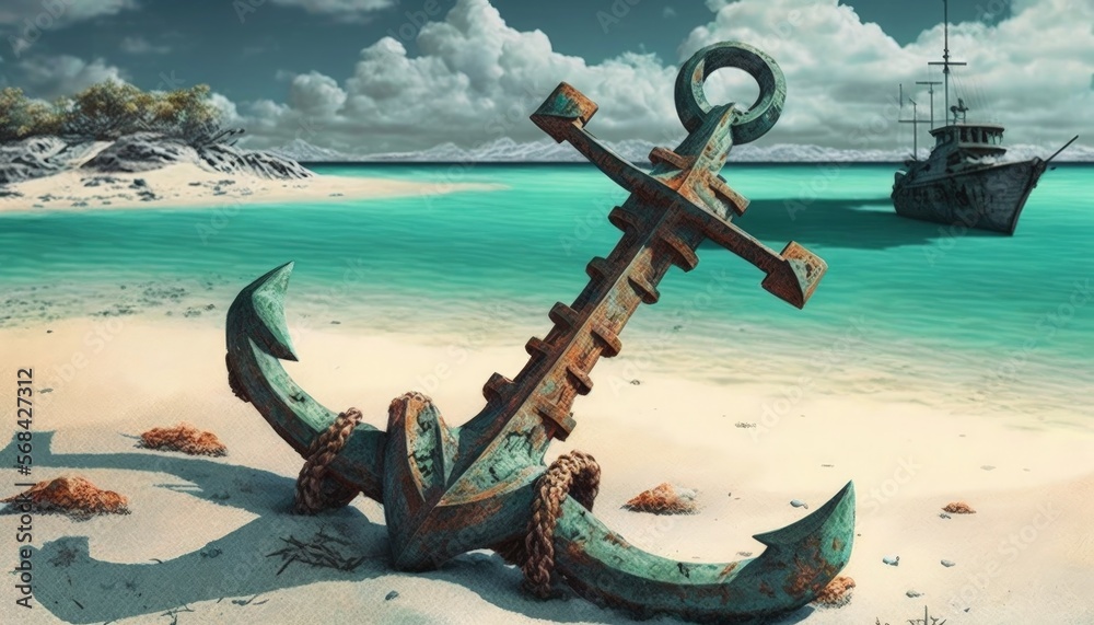Old and rusty anchor of a pirate ship on the beach of an island, sea in ...
