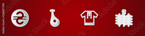 Set Ukrainian hryvnia, Bandura, Embroidered shirt and Wicker fence icon. Vector