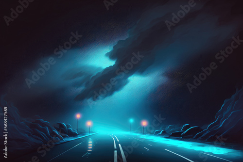 Dark empty scene, blue neon searchlight light, wet asphalt, smoke, night view, rays. Generative AI