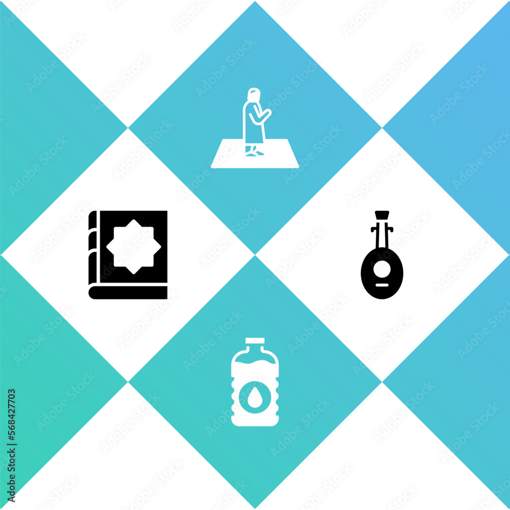 Set Holy book of Koran, Bottle water, Muslim man prays and Lute icon. Vector Set Holy book of Koran, Bottle water, Muslim man prays and Lute icon. Vector