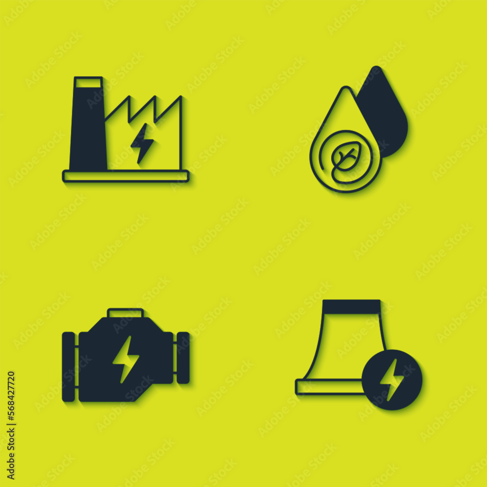 Set Nuclear power plant, , Check engine and Water energy icon. Vector Set Nuclear power plant, , Check engine and Water energy icon. Vector
