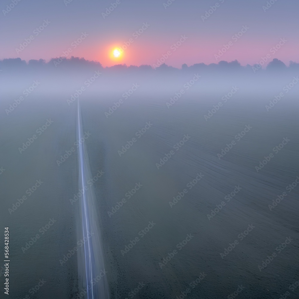 Panoramic view of the empty highway through the fields in a fog at night. Moonlight, clear sky. Sunrise. Transportation, logistics, road trip, freedom, driving - generative ai