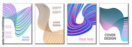 A set of 4 abstract covers. Wavy parallel gradient lines, ribbons evolve. Cover design, background. Trendy banner, poster.