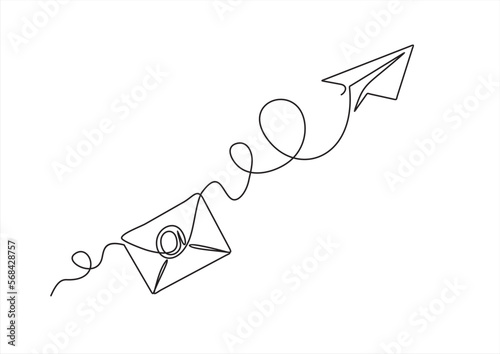 continuous one line drawing of 
Email message post letter send illustration sketch outline drawing.One line paper plane and envelope.  