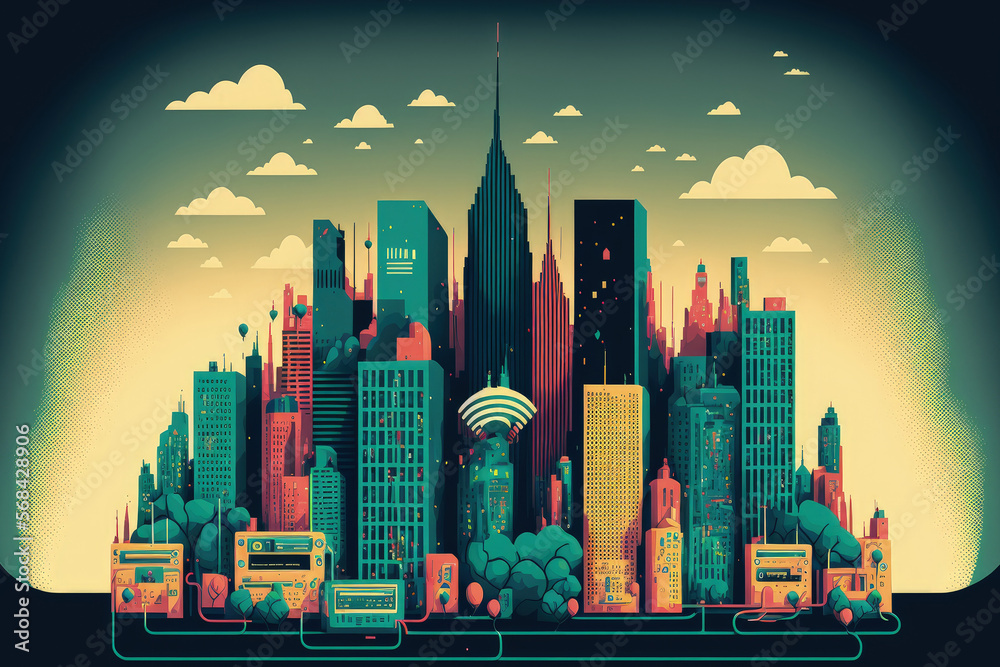 Concept of internet network security with the skyline of New York City close to midtown. Generative AI
