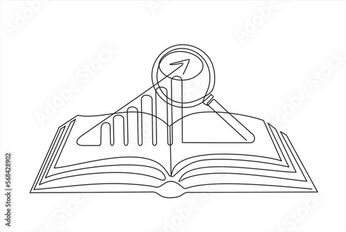 Magnifying glass, Business Infographic above an open book. Zoom in and Business discovery concept.
