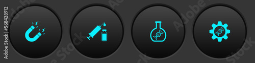 Set Magnet with lightning, Medical syringe and vial, DNA research, search and Genetic engineering icon. Vector