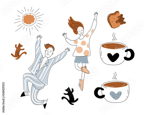 young cheerful man and woman in pajamas happily dances. weekend morning  coffee, Vector doodle set illustration. 