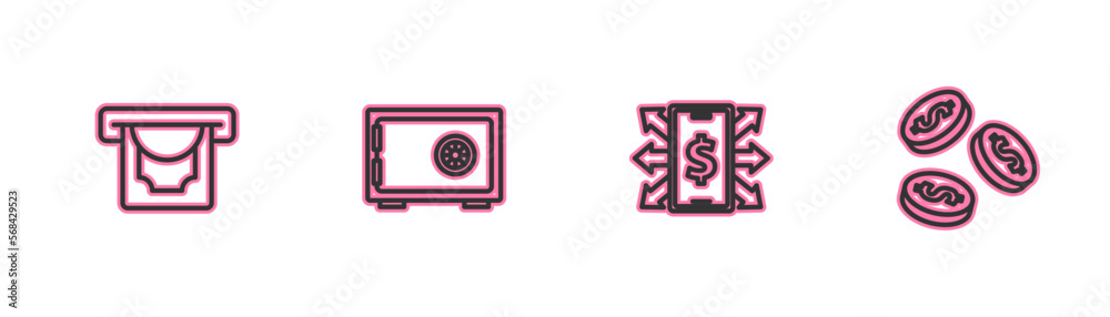 Set line ATM and money, Smartphone with dollar, Safe and Coin icon. Vector Set line ATM and money, Smartphone with dollar, Safe and Coin icon. Vector