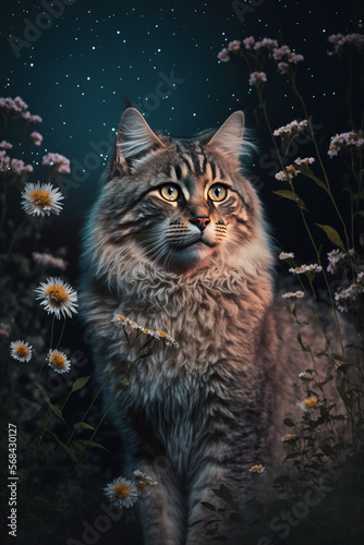 a forest Cat flowers clouds in the sky night