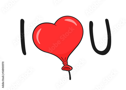 I Love You lettering with heart-shaped balloon instead of word Love. Cartoon. Vector illustration