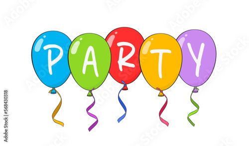 Party lettering with colorful balloons and ribbons. Cartoon. Vector illustration. Isolated on white background
