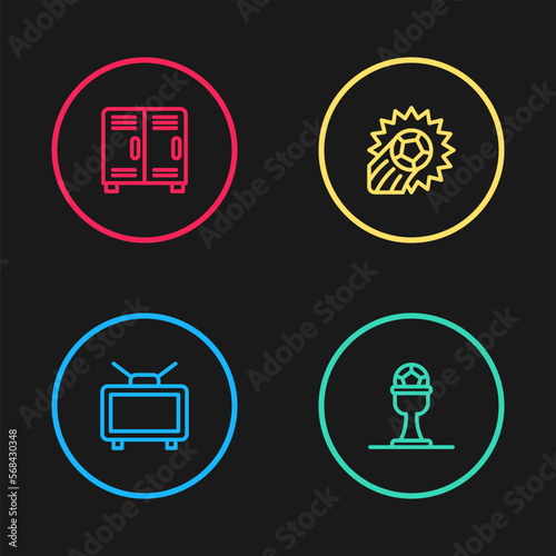 Set line Football match on TV, Award cup and football, Soccer and Locker or changing room icon. Vector