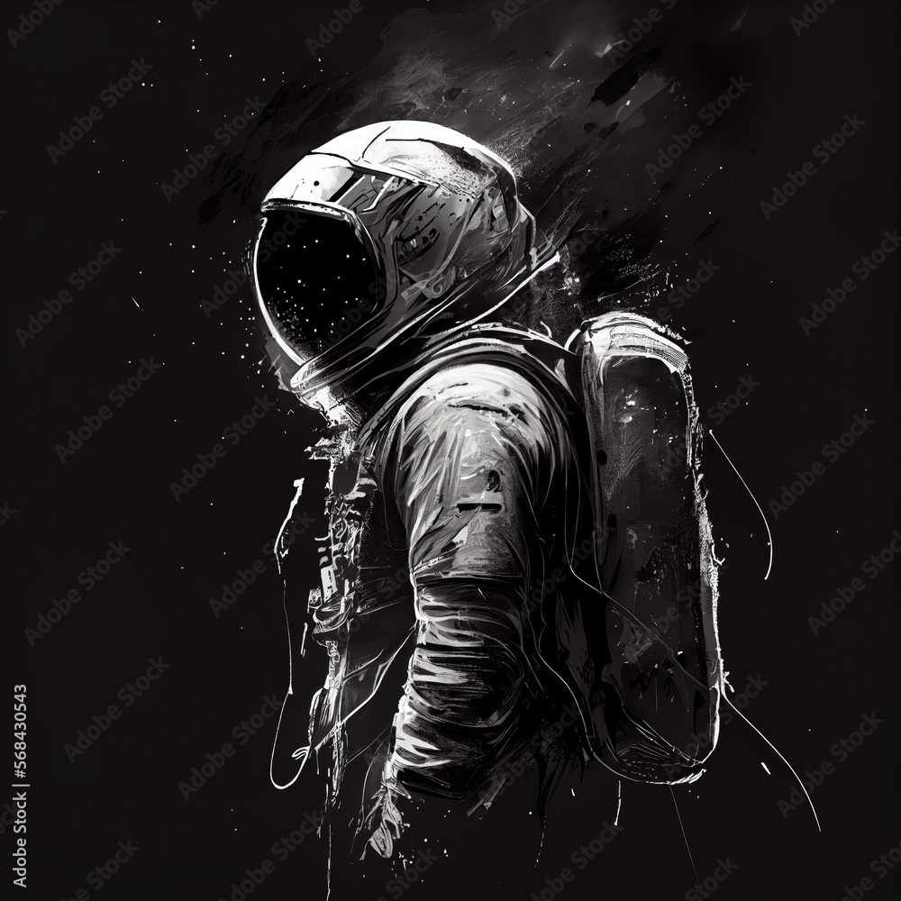 Fototapeta premium Astronaut, skinny, war-torn, tall, faceless, helmet, dispair, drawing, black background. Generative AI.