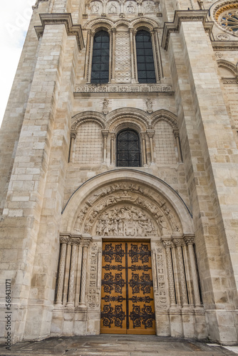 Fragments of the facade of Basilica of Saint-Denis  Basilique royale de Saint-Denis  from 1144  - former medieval abbey church in city of Saint-Denis  a northern suburb of Paris. France.