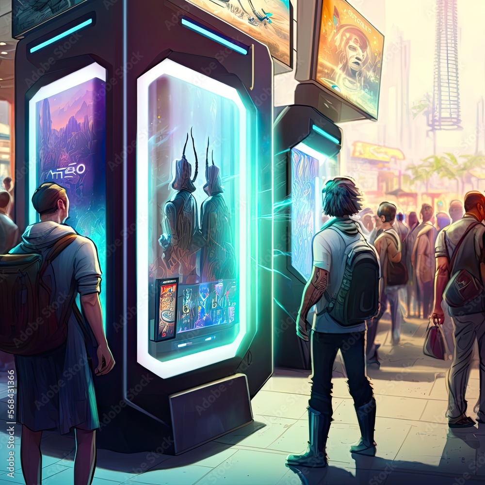 illustration, painted, simple, concept art, futuristic digital augmented  reality displays outside an electronic shop mixed reality game consoles  video game advertisements in a crowded luxury mall Stock-Illustration |  Adobe Stock