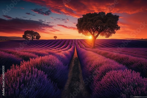 Sunrise over fields of lavender in the Provence