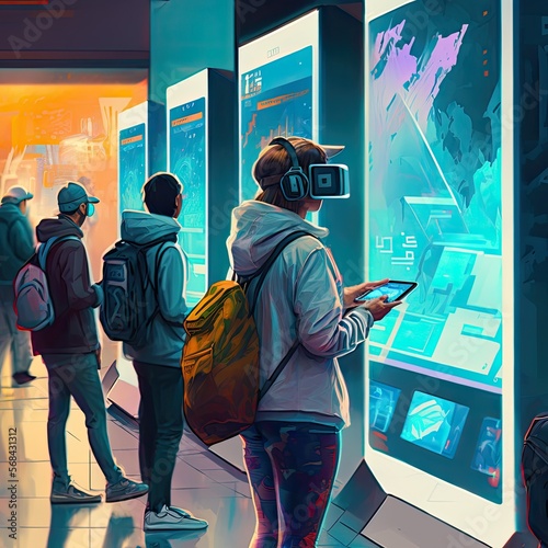 illustration, painted, simple, concept art, futuristic digital augmented reality displays outside an electronic shop mixed reality game consoles video game advertisements in a crowded luxury mall