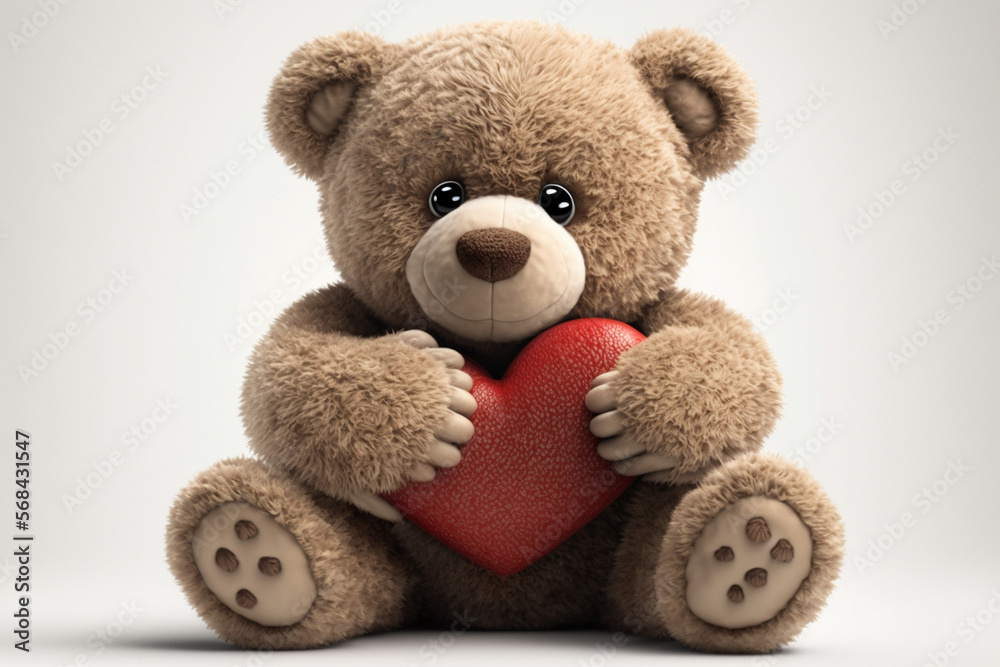Teddy bear holds a red heart in his paws, front view. Generative AI