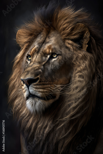 Closeup shot of lion s face isolated on dark