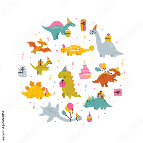 Cartoon cute dinosaurs set for a birthday party. Baby Dino with balloons and cake. Jurassic colorful animals for baby shower and invitation. Prehistoric kids collection. Dragons in nordic style.