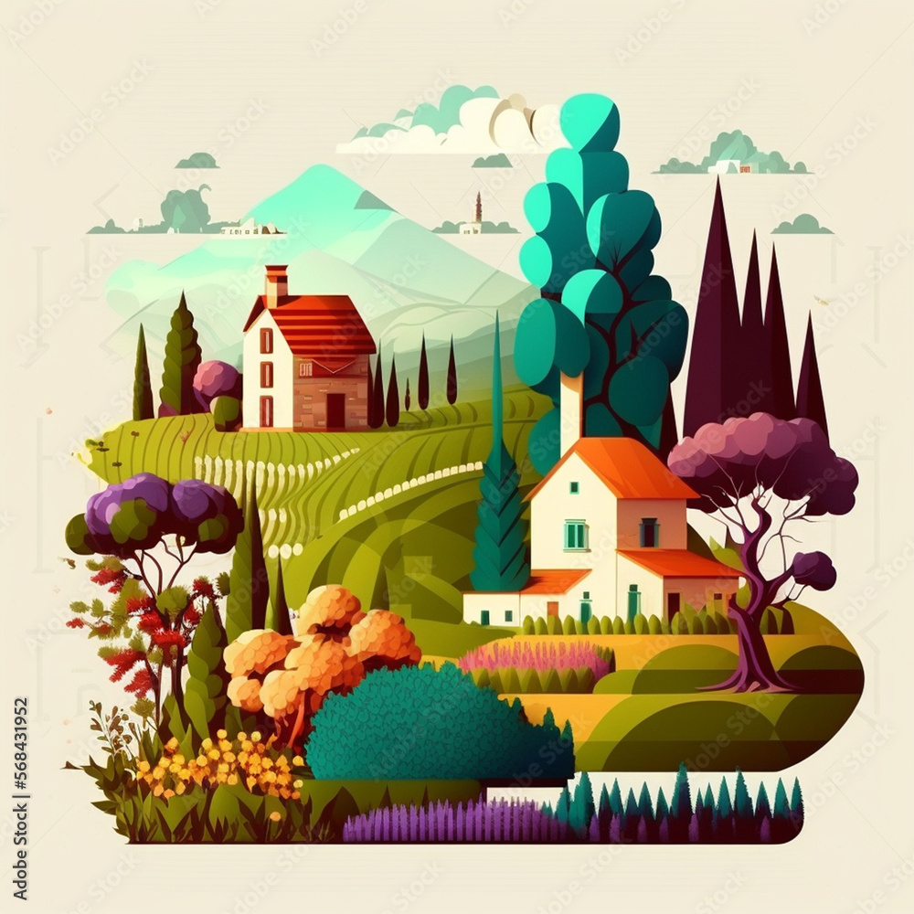 Nature and landscapes. Vector illustration of trees, forest, mountains, flowers, plants, houses, fields, farms and villages. Image for background, card or cover