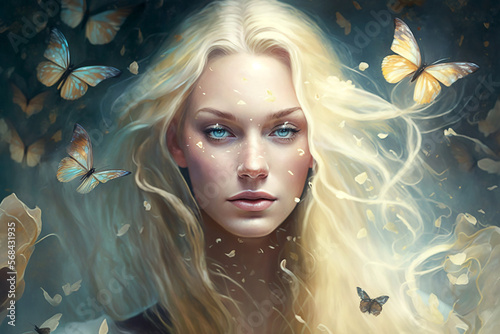 mulher loira com borboletas ao redor fantasia e transformação 