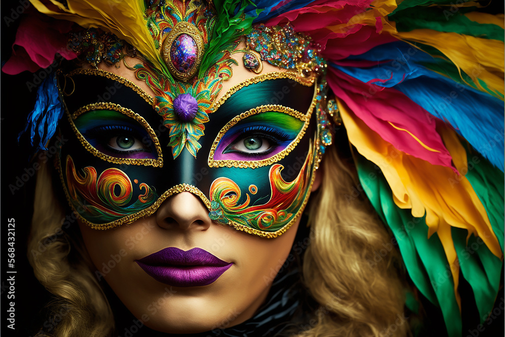 mulher linda com mascara de fantasia de carnaval 