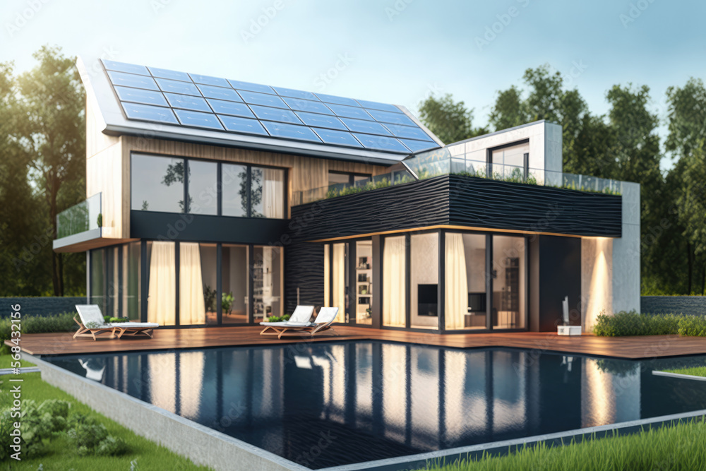 Modern house with solar panels and pool