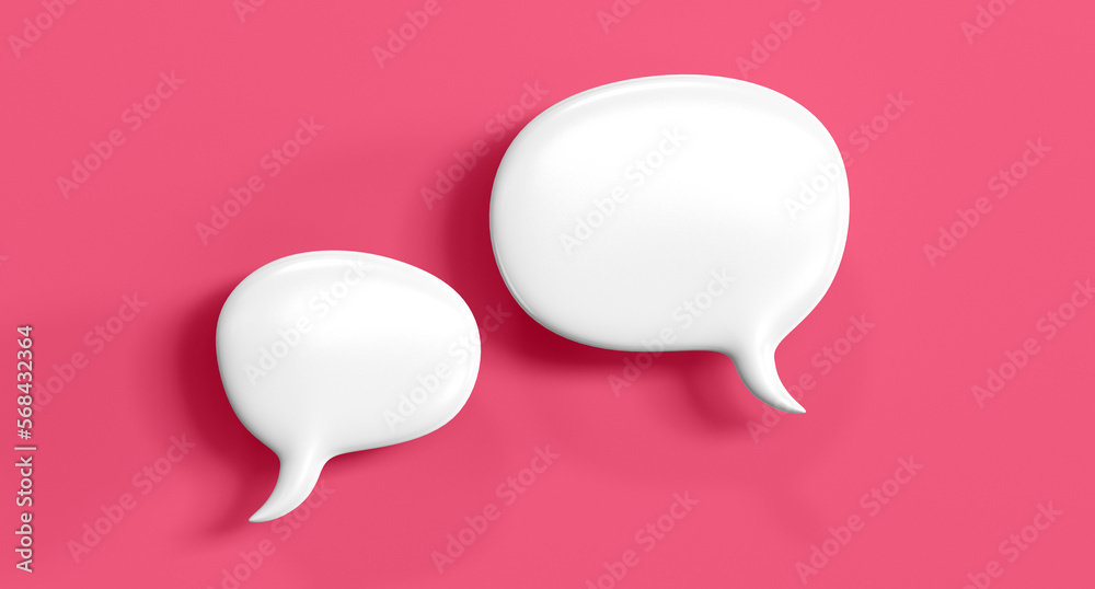 Two white speech bubbles isolated on pink background to use for photo compositions and illustrations for graphics. 3D Rendering Two white speech bubbles isolated on pink background to use for photo compositions and illustrations for graphics. 3D Rendering