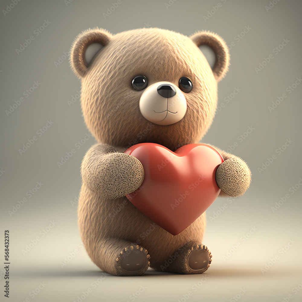 Teddy bear holds a big red heart in his paws. Digital art. AI generated Stock Illustration Adobe Stock