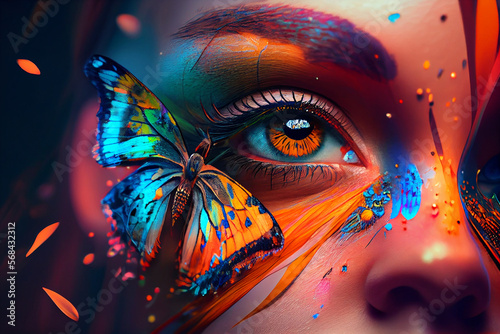 Colorful butterflies and a woman's eye, mixed media, with an abstract background of colors. Generative AI © VICHIZH
