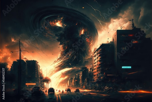 Tornado in a Burning City, Whirlwind, Huge Storm Swirl, Abstract Tornado Cyclone Generative AI Illustration