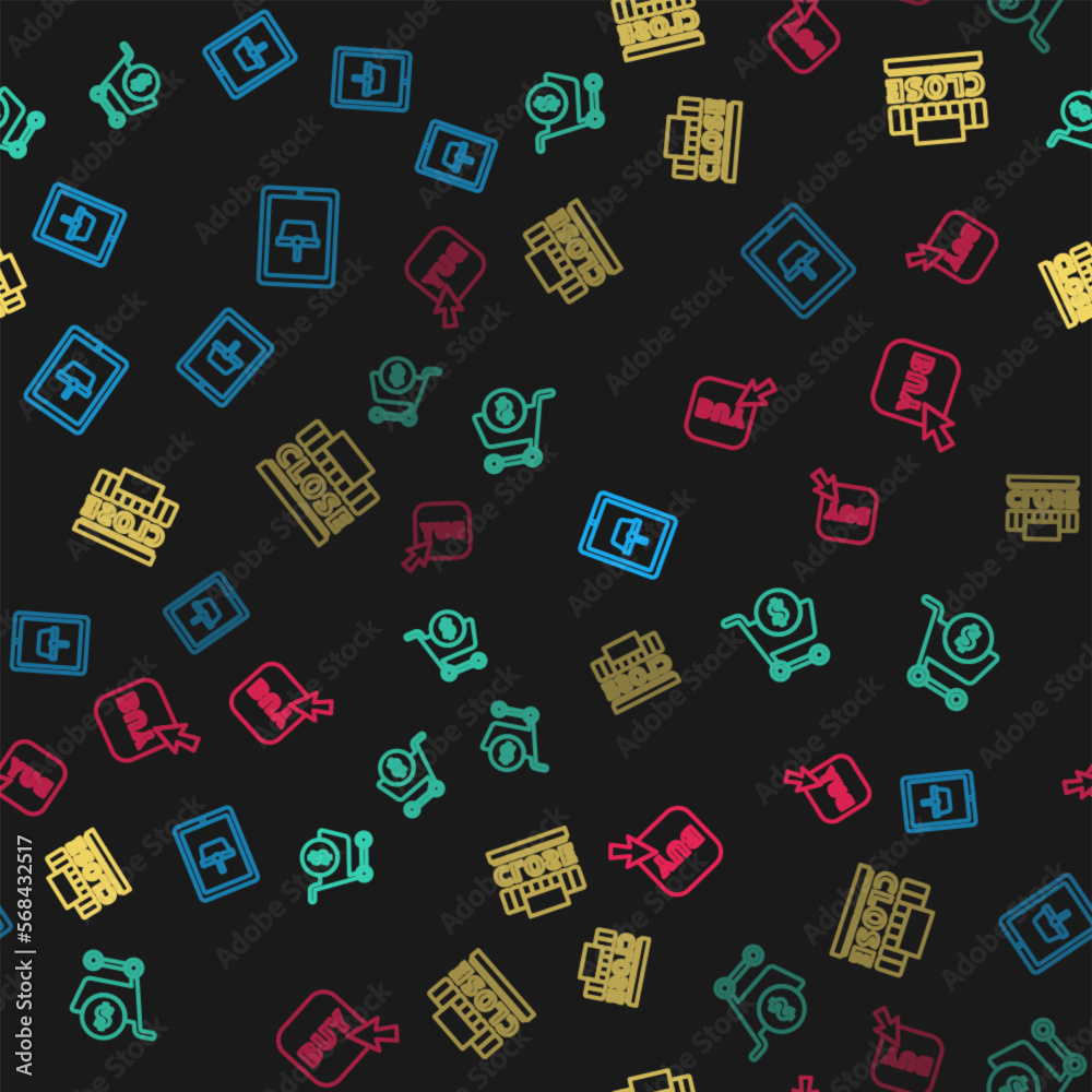 Set line Shopping basket on tablet, cart and dollar, building text closed and Buy button on seamless pattern. Vector Set line Shopping basket on tablet, cart and dollar, building text closed and Buy button on seamless pattern. Vector